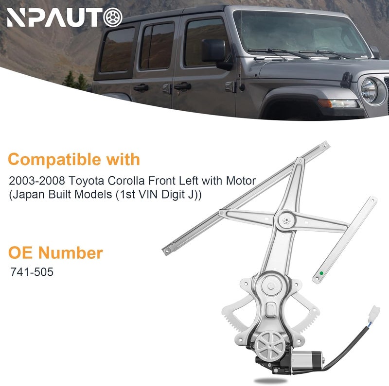 NPAUTO منظم نافذة كهربائية جانبية أمامية يسار مع محرك بديل لسيارة تويوتا كورولا 03-08 2003 2004 2005 2006 2007 2008، 741-505 - Image 3